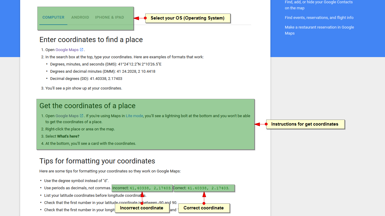 Google Maps coordinates Instructions